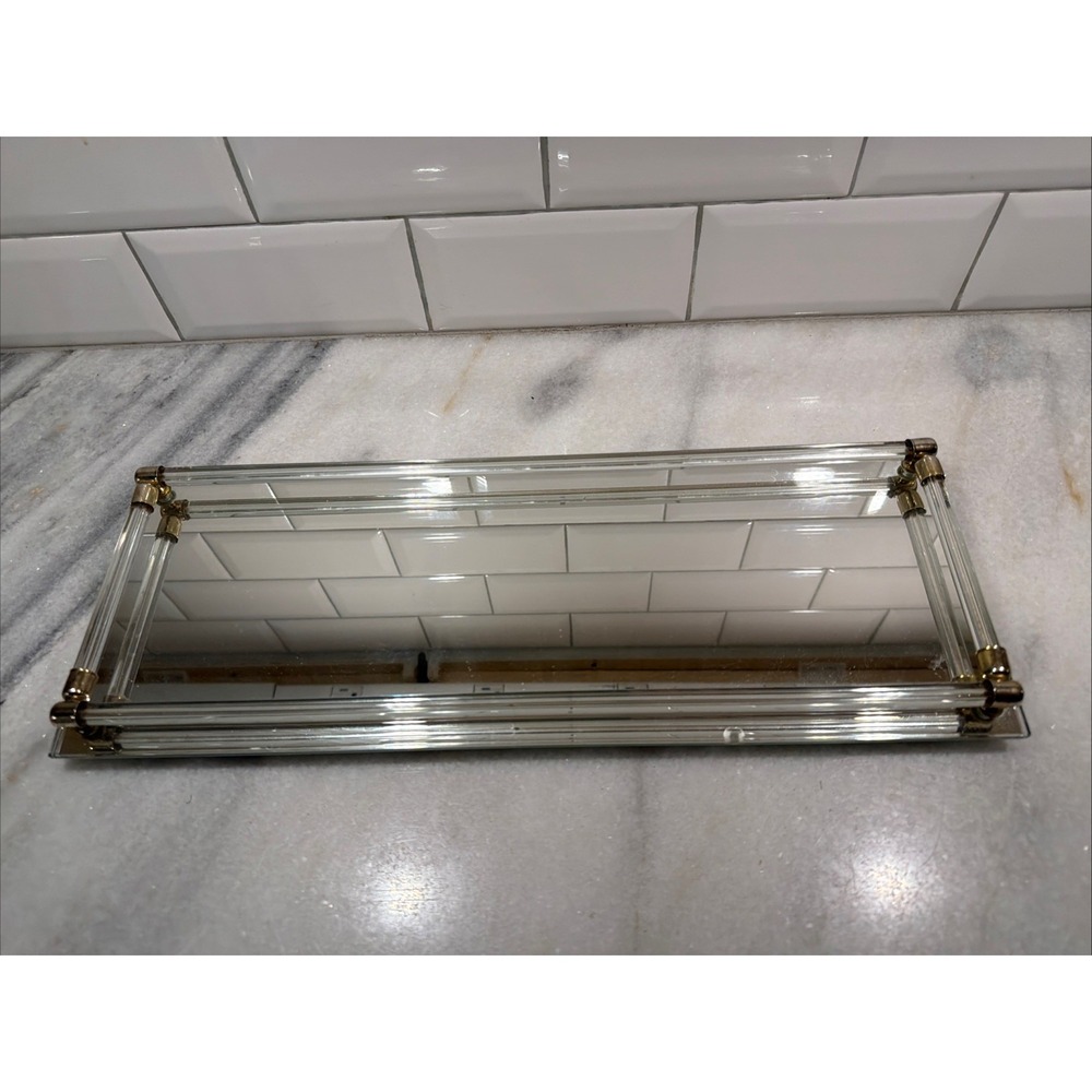 MCM Beveled Mirror & Lucite Rods Dresser Vanity Tray Rare Size ES005
